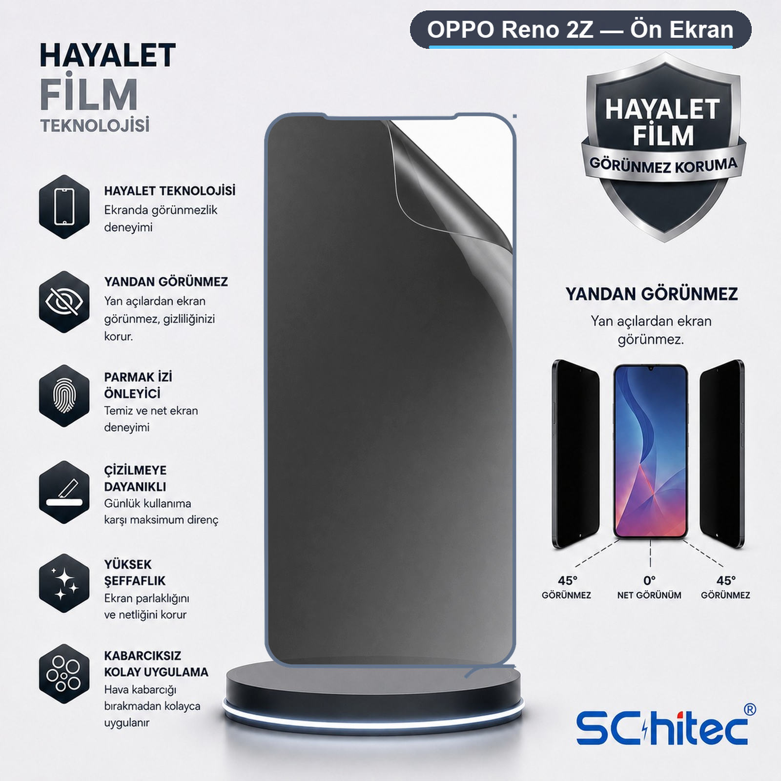 Beyaz arkaplanda ikonlar ve yazılarla Oppo Reno 2Z hayalet ekran koruyucu reklamı.