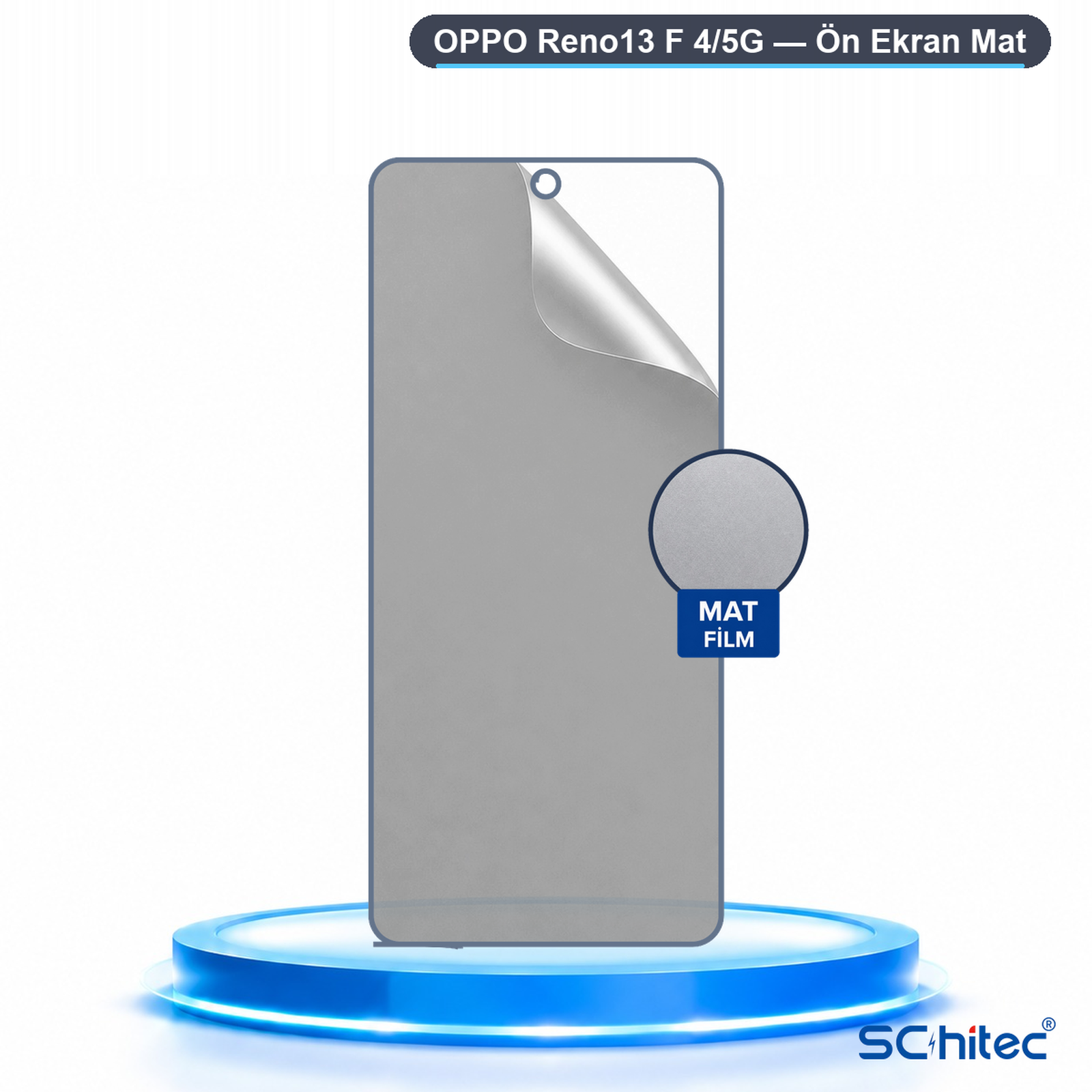 Mavi kaide üzerinde metin içeren Oppo Reno13 F için mat ekran koruyucu.