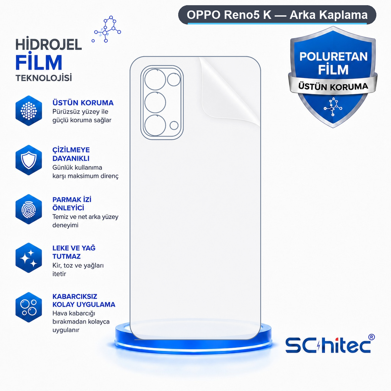 OPPO Reno5 K için koruma özellikli ve metinli hidrojel film diyagramı.
