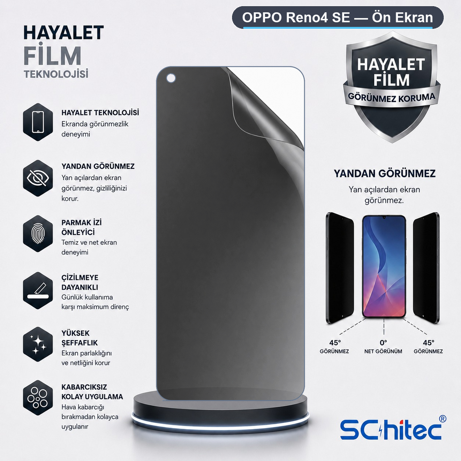 OPPO Reno4 SE hayalet ekran koruyucu için özelliklerin ve açıklamaların olduğu reklam görseli.