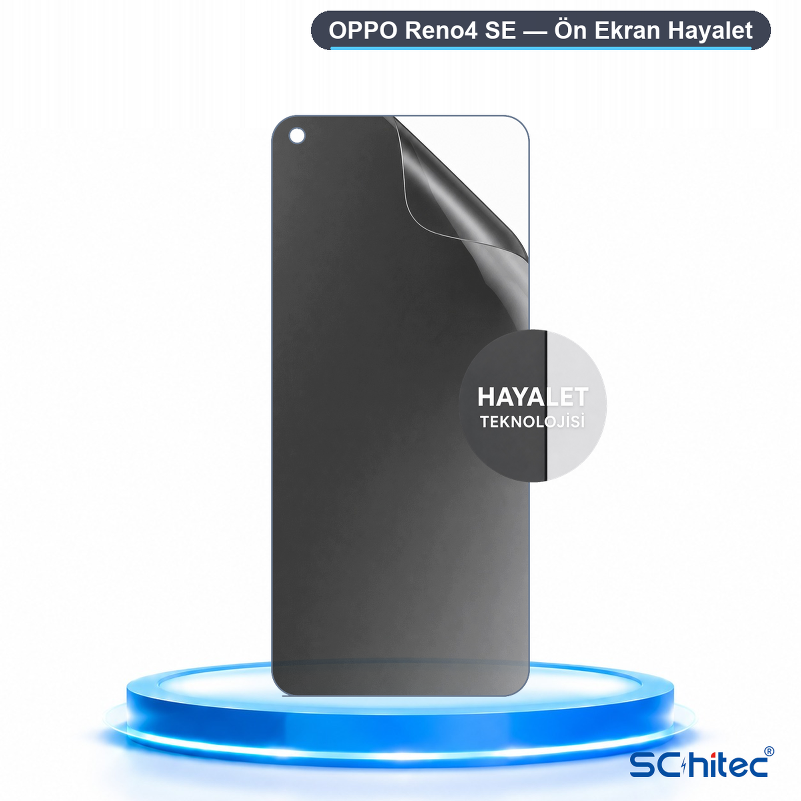 Mavi aydınlatmalı bir podyum üzerinde Oppo Reno4 SE için mat ekran koruyucu.