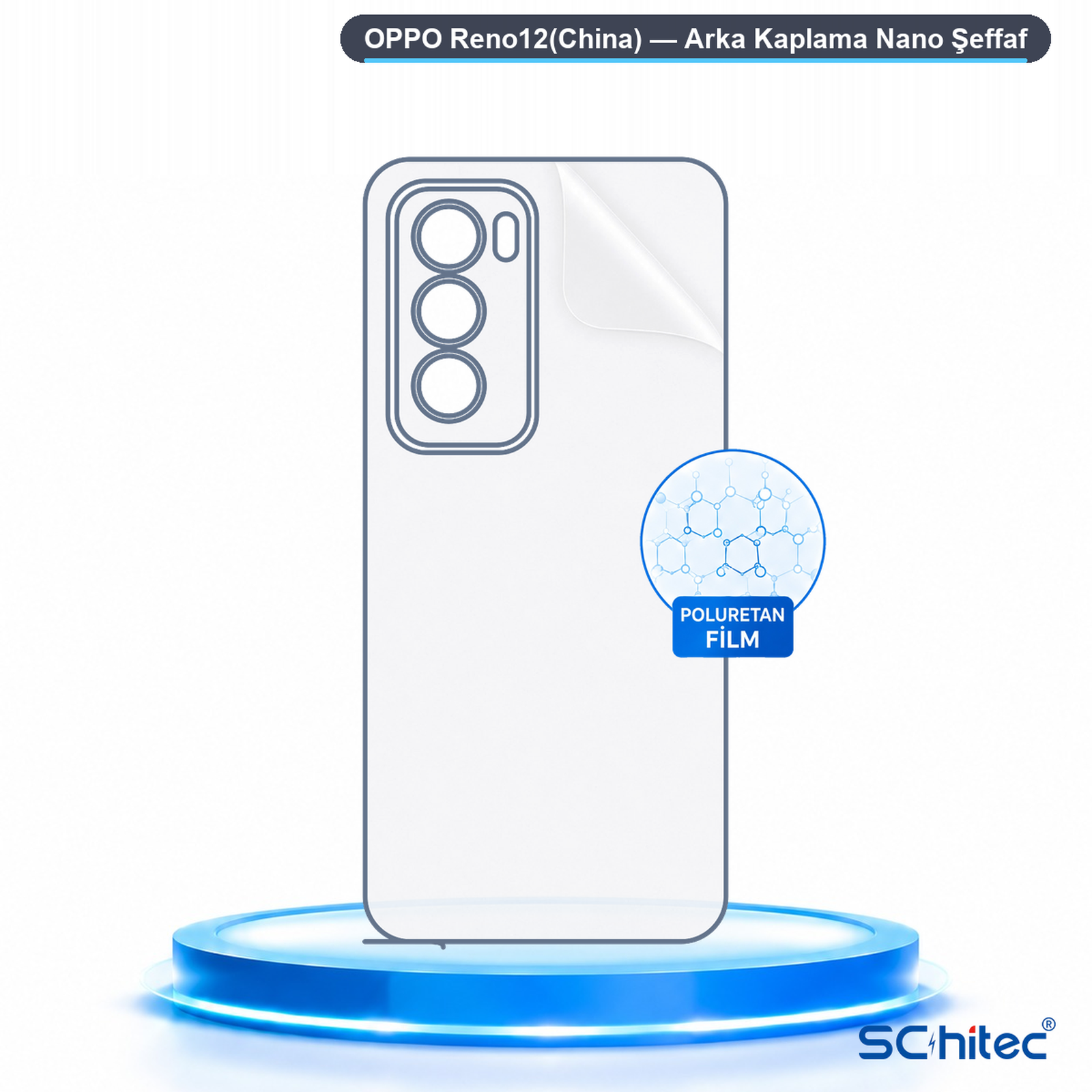 Mavi bir kaide üzerinde Oppo Reno12 için şeffaf arka film.