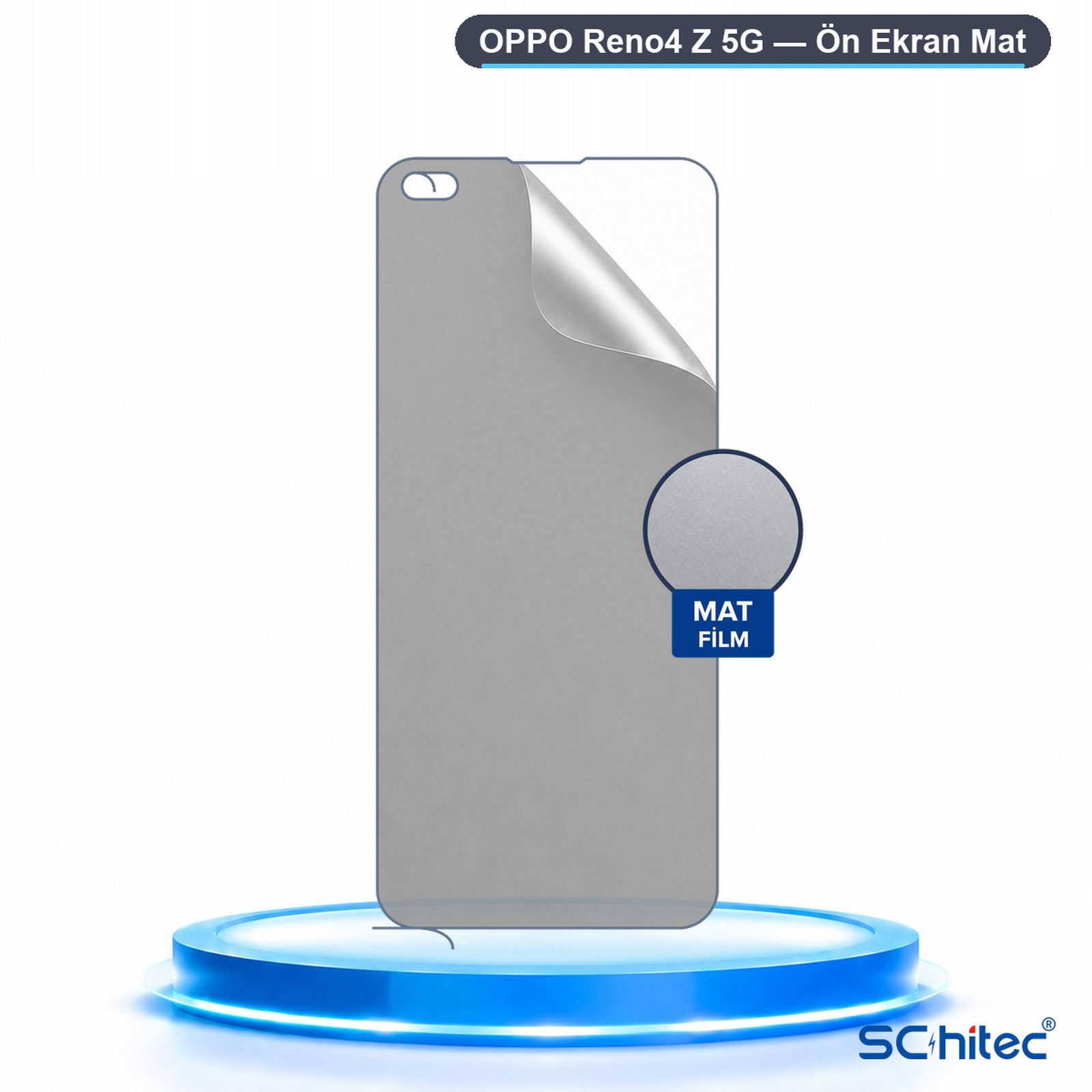 Parlayan mavi bir podyum üzerinde OPPO Reno4 Z 5G için mat ekran koruyucu.