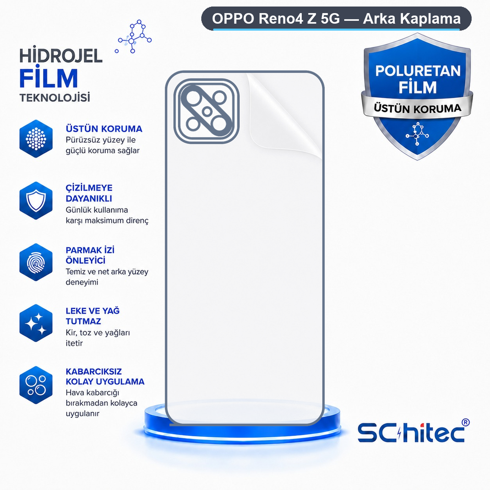Hidrojel ve poliüretan teknolojili, bilgilendirme metinli OPPO Reno4 Z 5G koruyucu film.