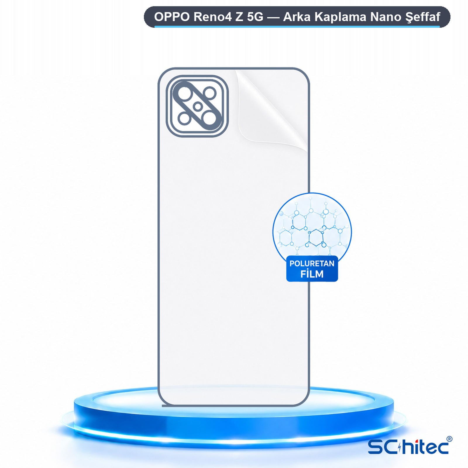 Mavi bir podyum üzerinde OPPO Reno4 Z 5G için şeffaf arka koruyucu film.