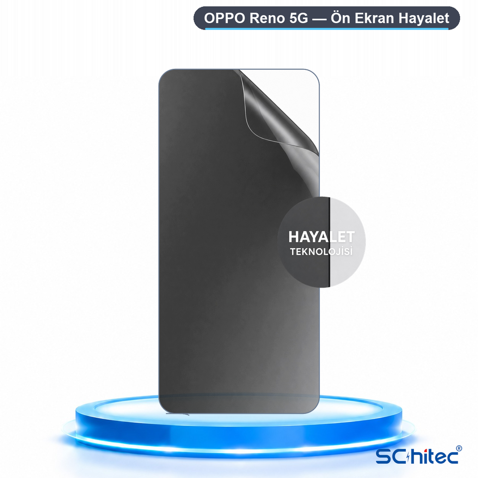 Mavi bir kaide üzerinde Oppo Reno 5G için koyu ekran koruyucu.