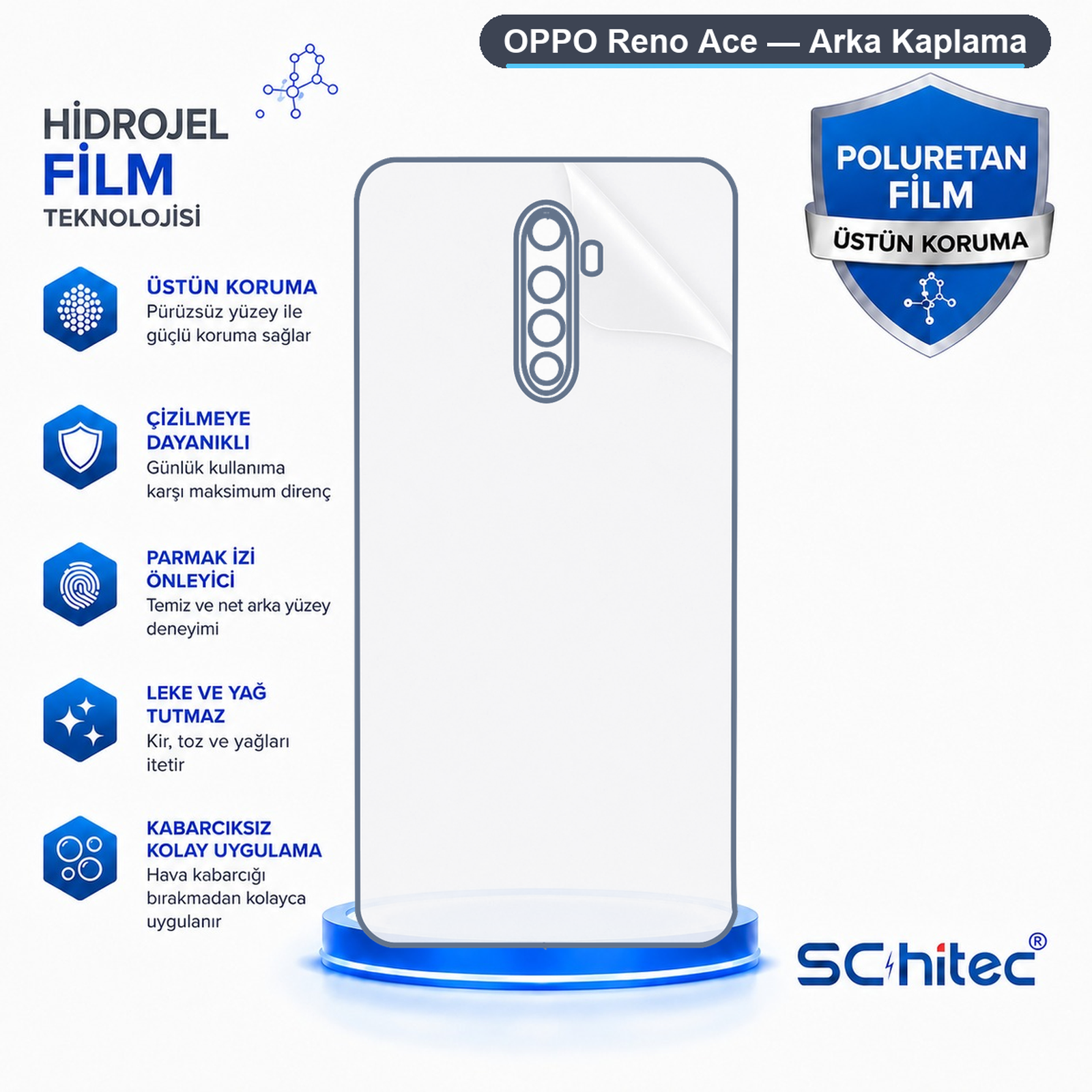 Oppo Reno Ace hidrojel arka kaplamanın koruyucu özellikleri ve avantajlarını gösteren diyagram.