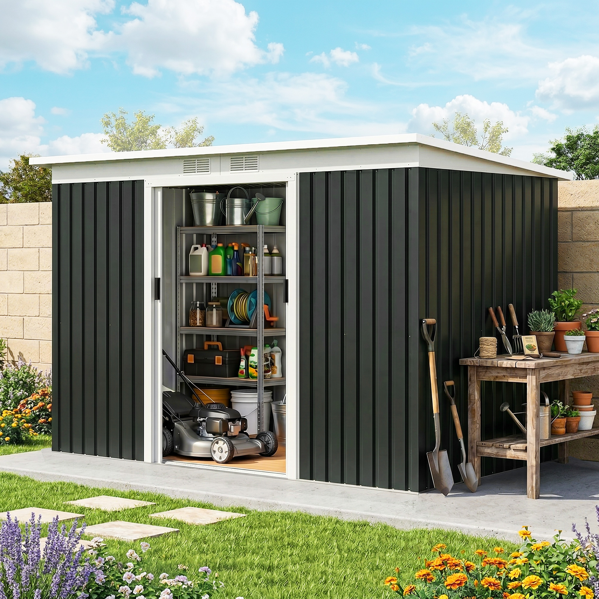 Capanno da giardino grigio scuro con porta aperta, scaffale metallico con provviste, tosaerba e tavolo.