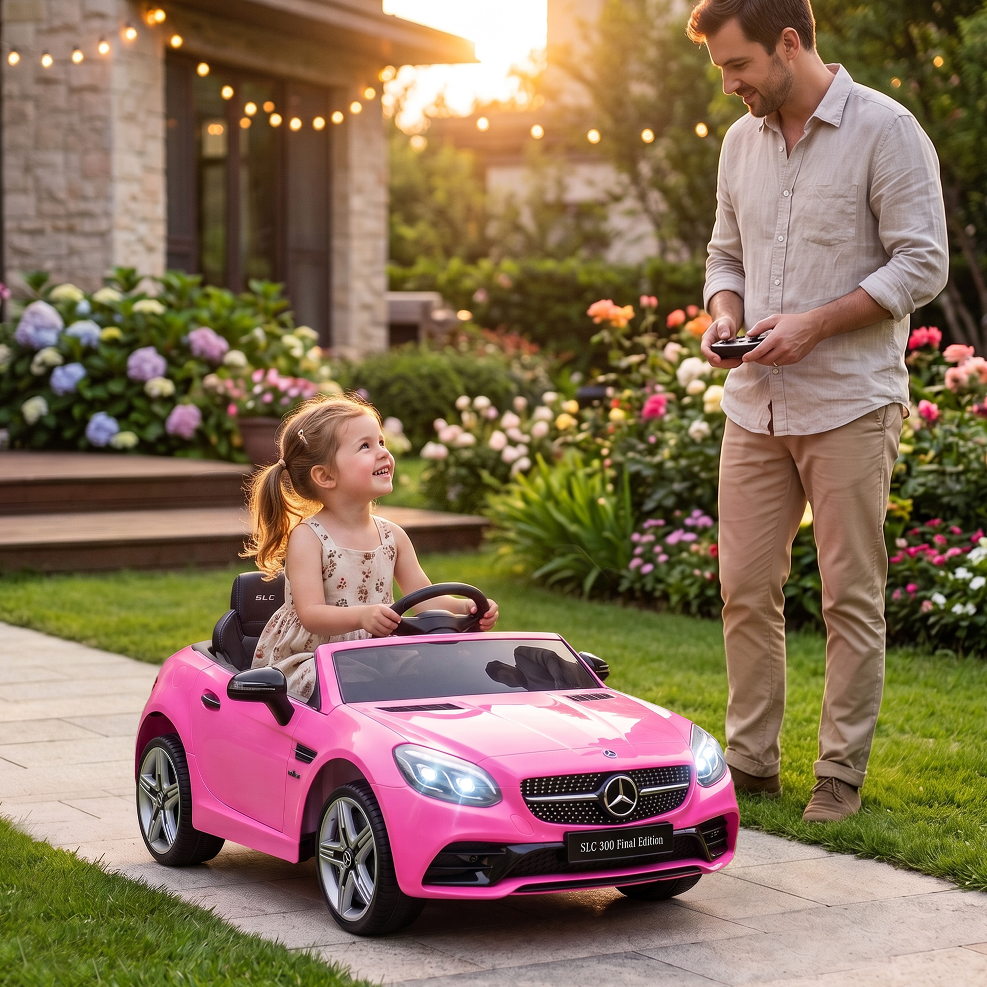 Un uomo controlla un'auto giocattolo rosa con dentro una bambina sorridente, in un giardino.