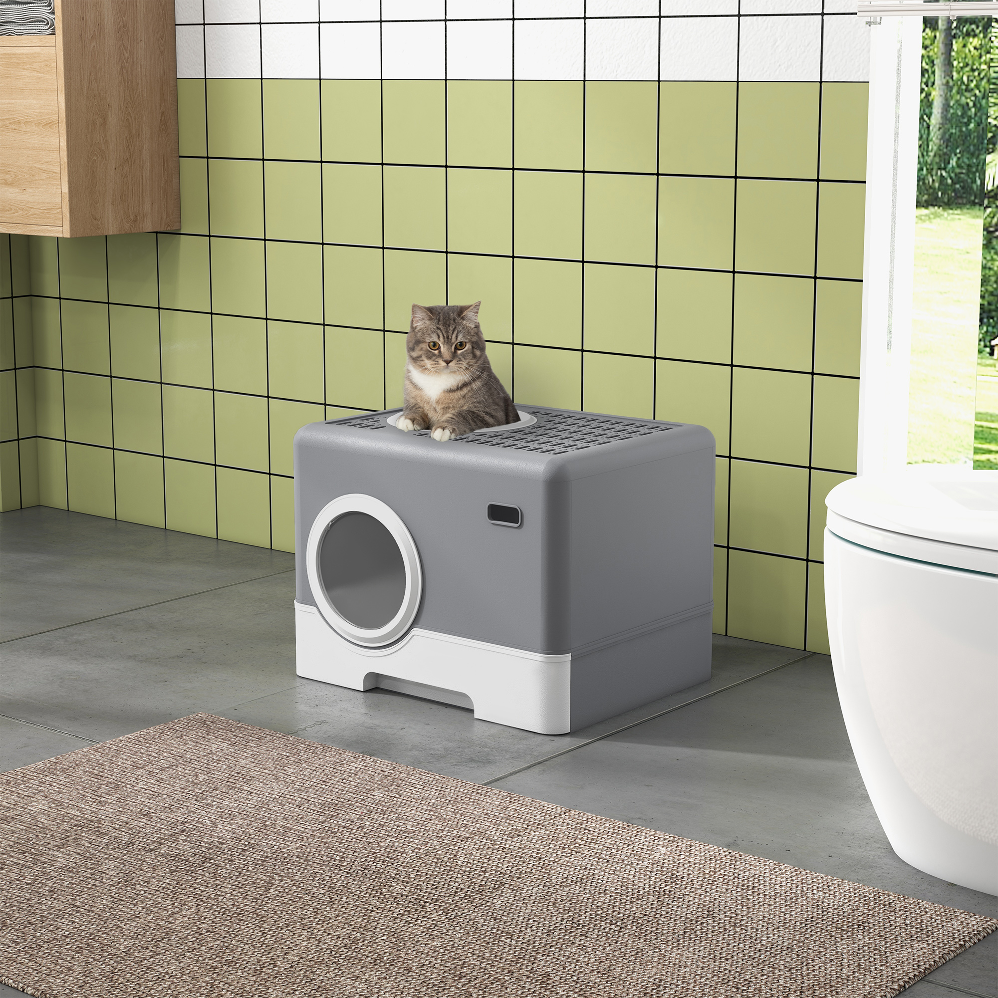 Un gatto grigio e bianco siede sopra una cassetta per i bisogni grigia in un bagno con piastrelle verdi.