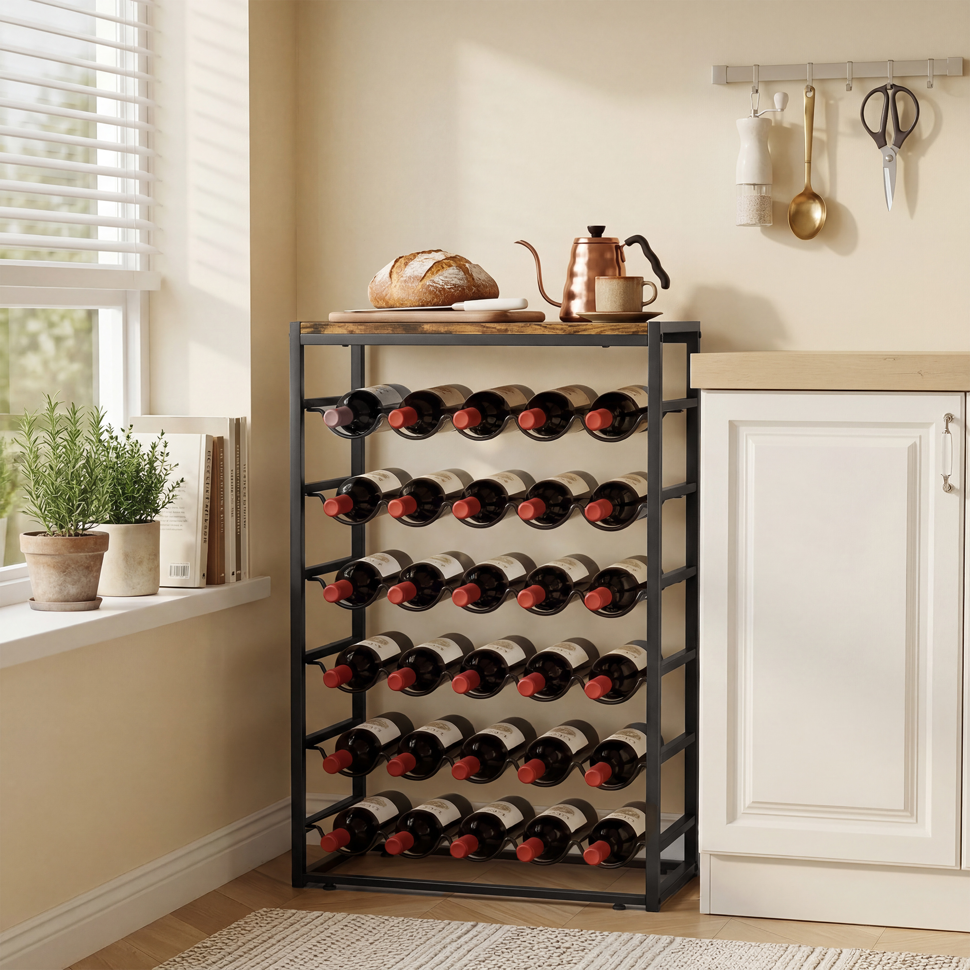 Portabottiglie in metallo e legno in cucina con bottiglie di vino, pane e bollitore sopra.