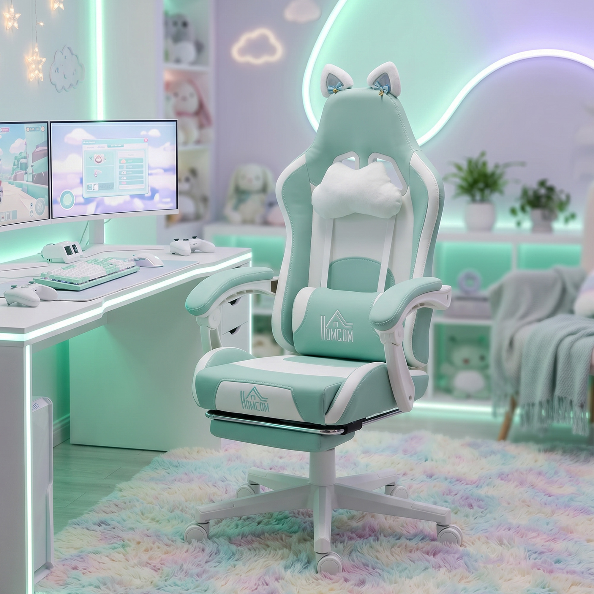 Sedia da gaming verde pastello con orecchie di gatto in una stanza luminosa al neon, con scrivania e monitor.