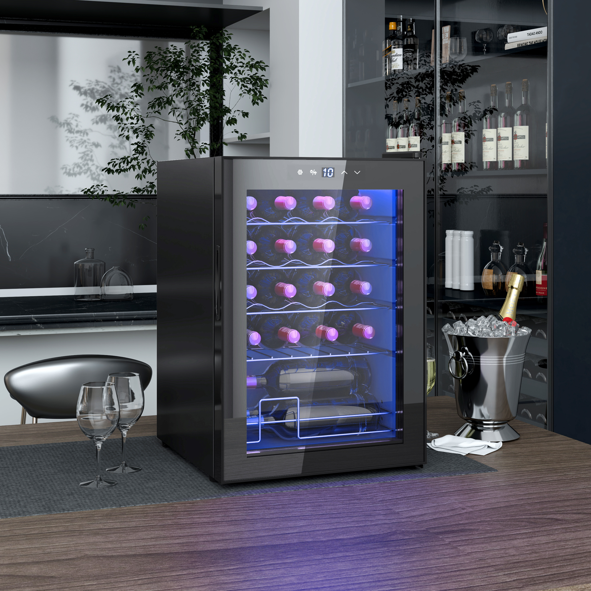 Una cantinetta per vini nera con luce blu si trova su un tavolo di legno accanto a bicchieri e un secchiello.