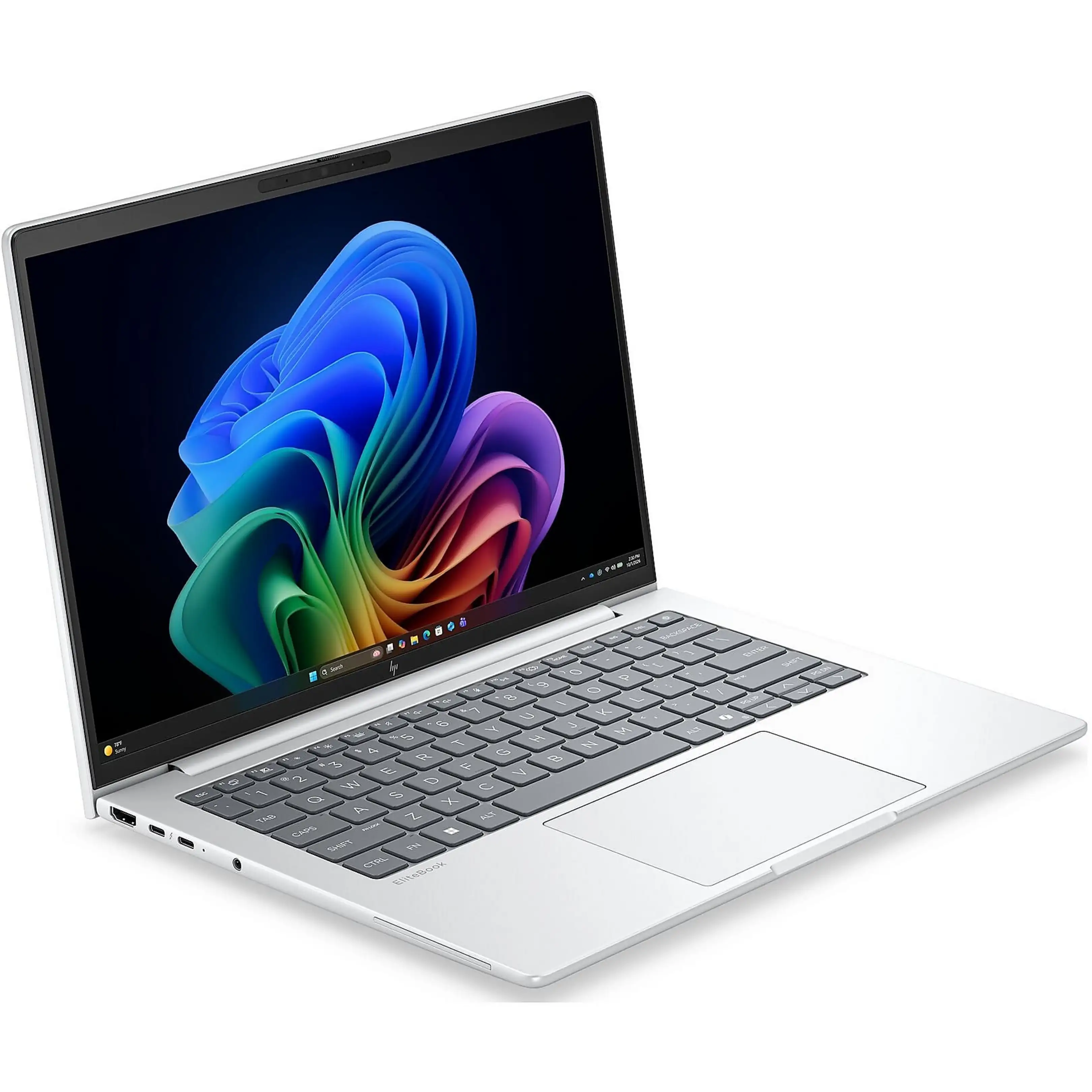 Un laptop argento con schermo colorato e tastiera grigia.