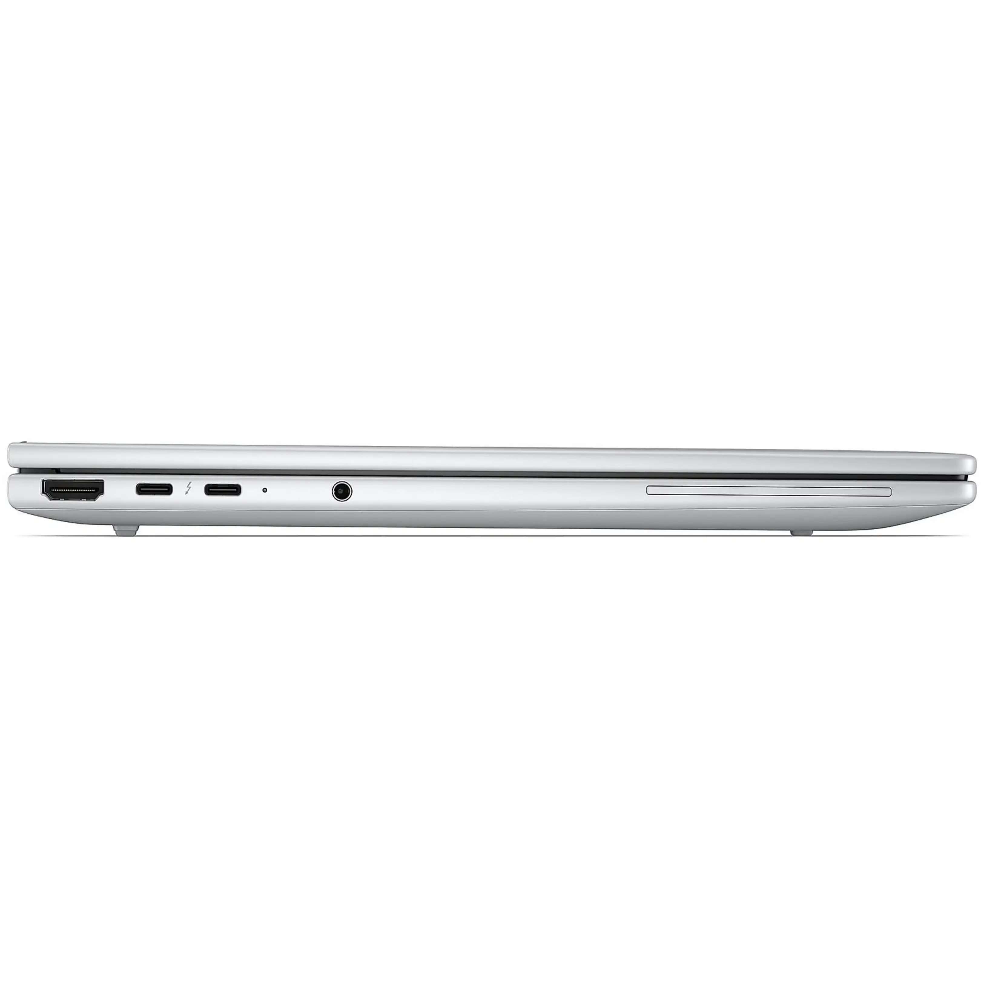 Vista laterale di un laptop argentato chiuso con HDMI, USB-C, jack audio e slot per unità ottica su sfondo nero.