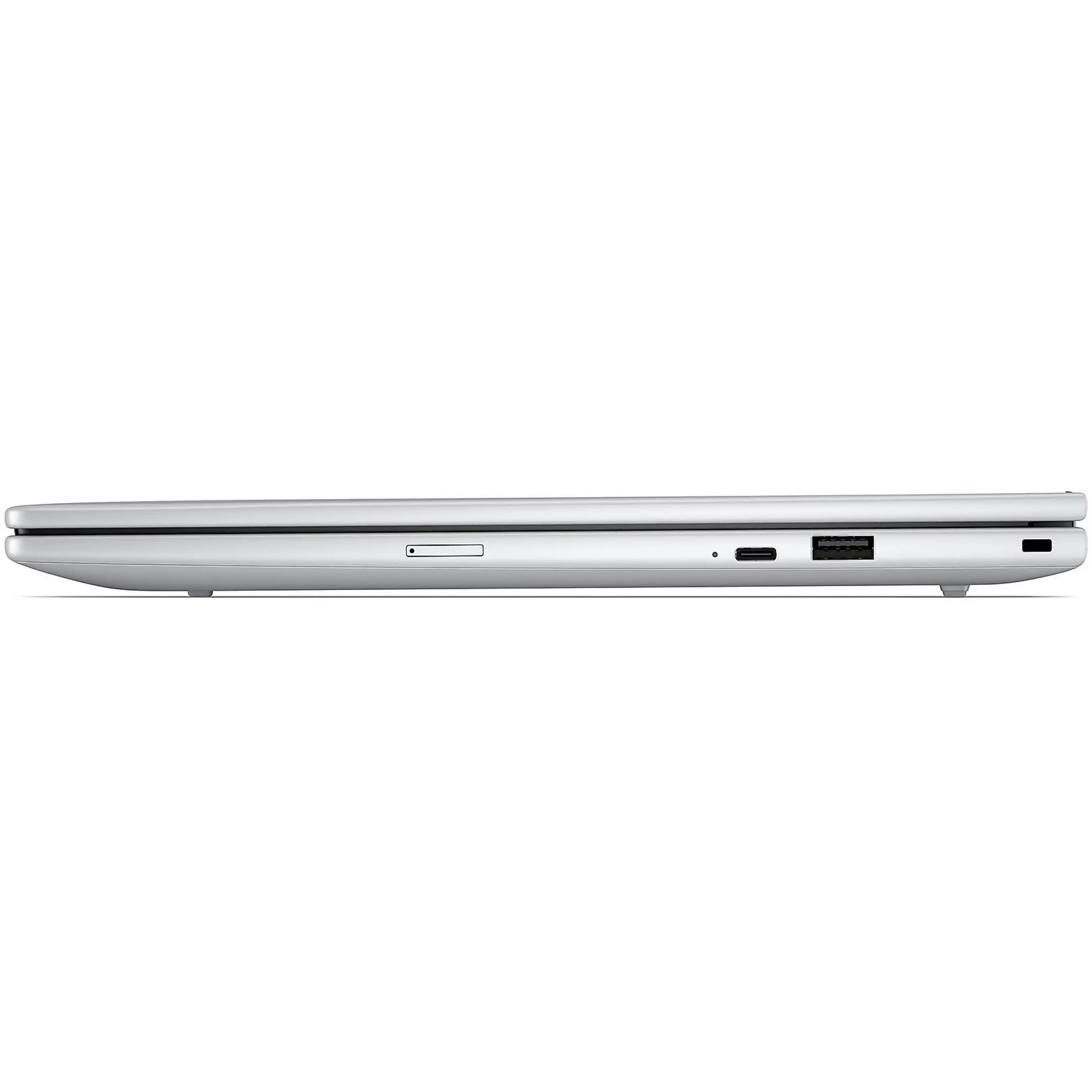 Vista laterale di un laptop argentato chiuso con porte USB-C, USB e uno slot su sfondo nero.