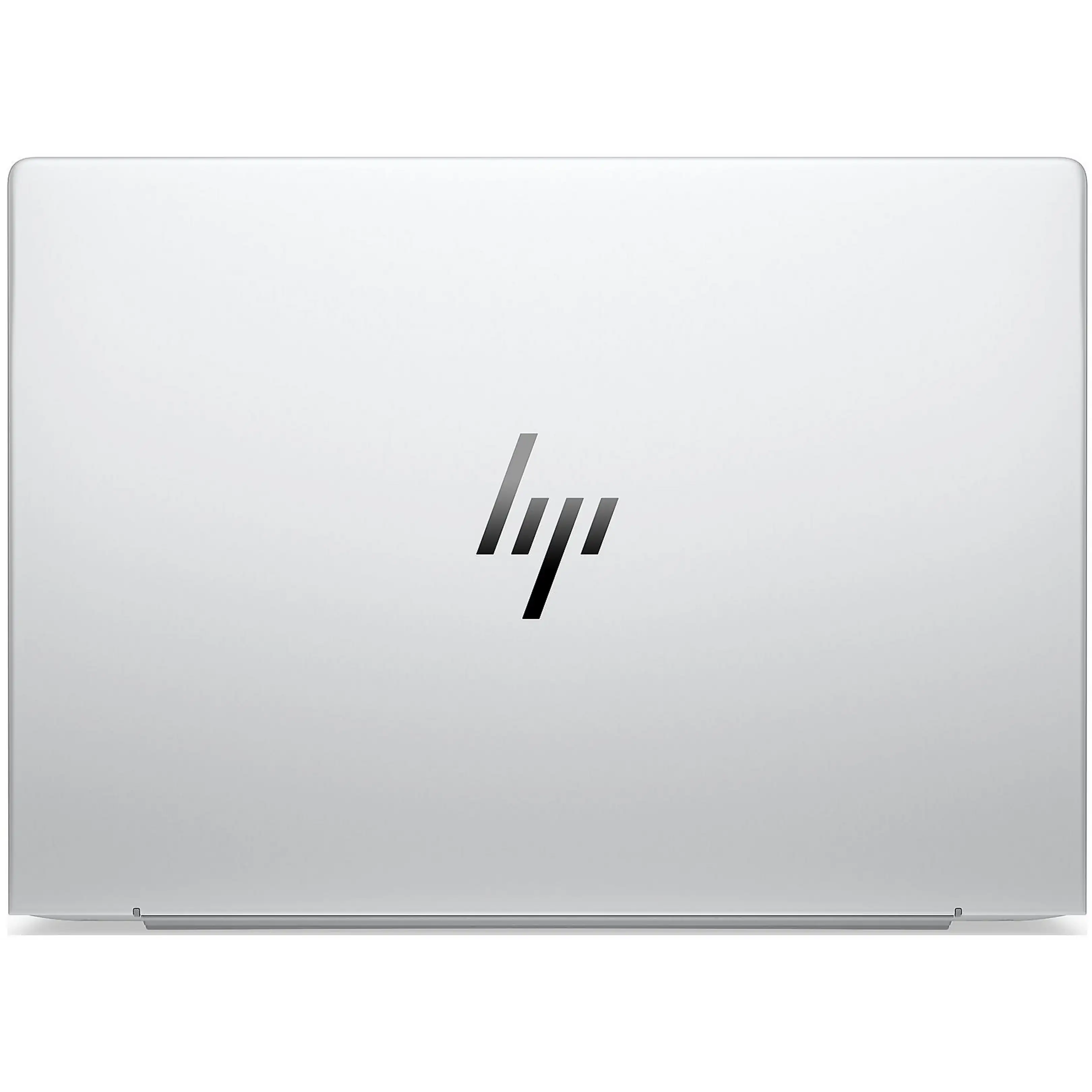 Laptop argentato chiuso con il logo HP al centro su una superficie bianca.