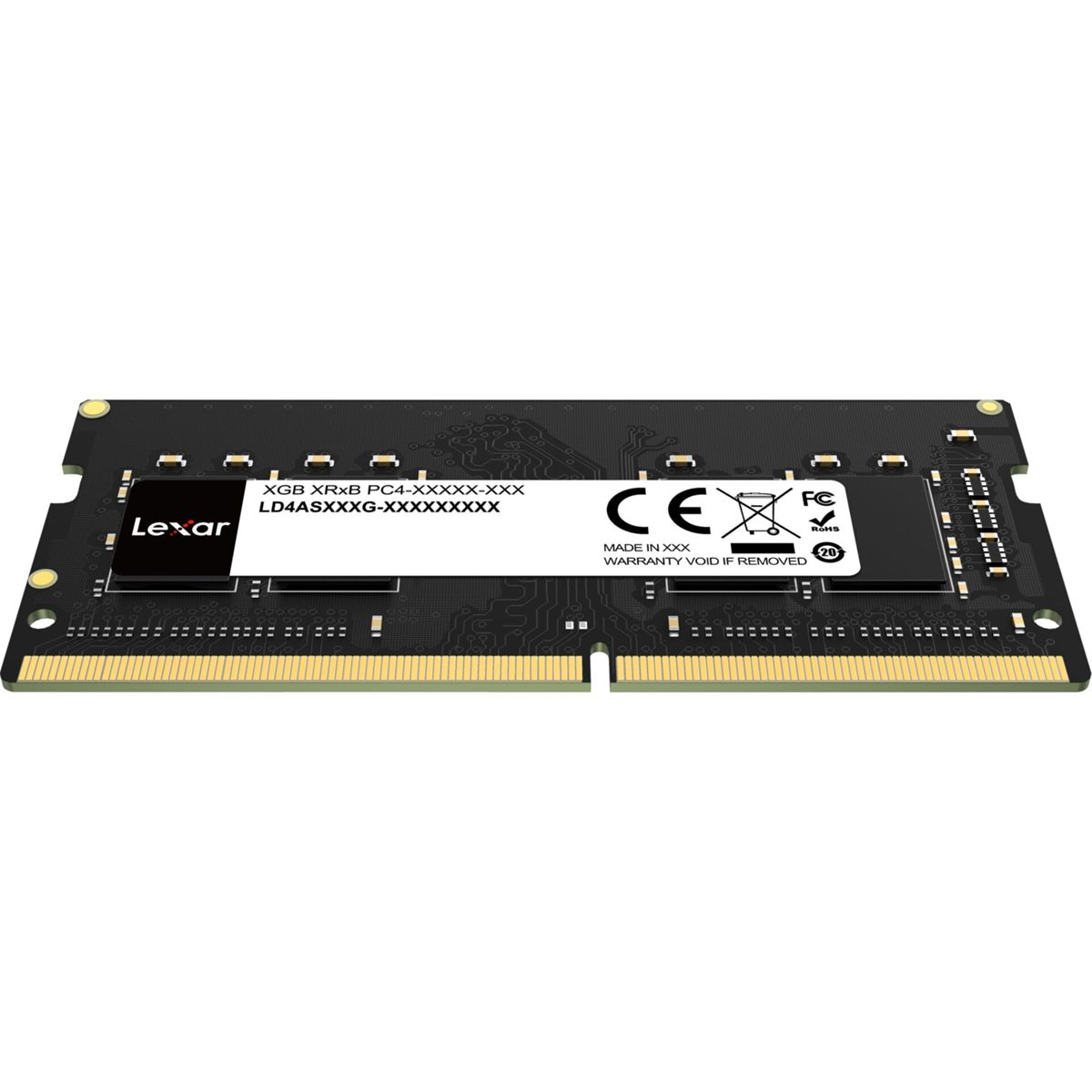 A black Lexar SO-DIMM RAM stick with gold connector pins and a central label displaying regulatory icons.