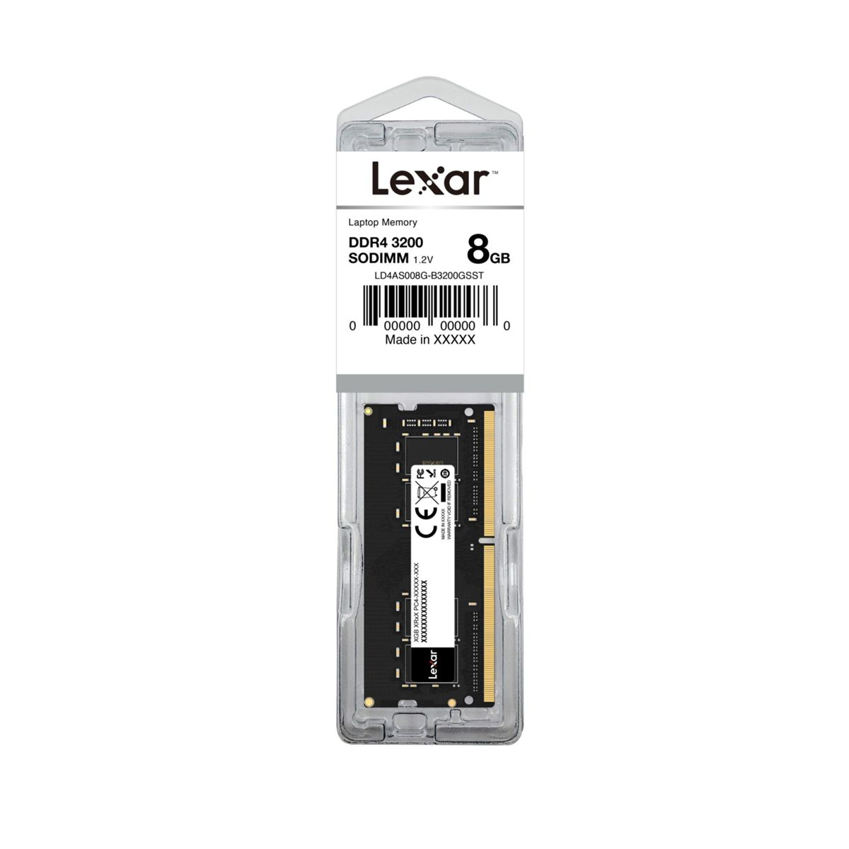 Lexar 8GB DDR4 3200 SODIMM laptop memory RAM in clear plastic packaging.
