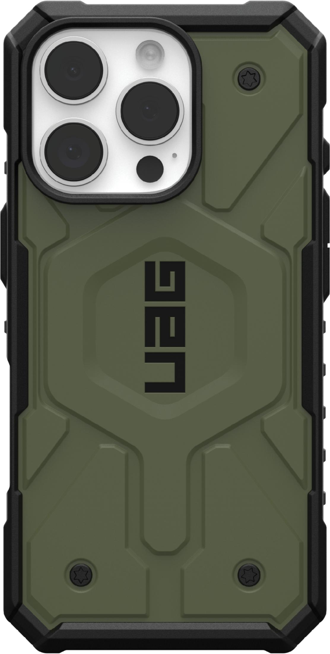 Grüne und schwarze Schutzhülle mit UAG-Logo und dreifacher Kamera.