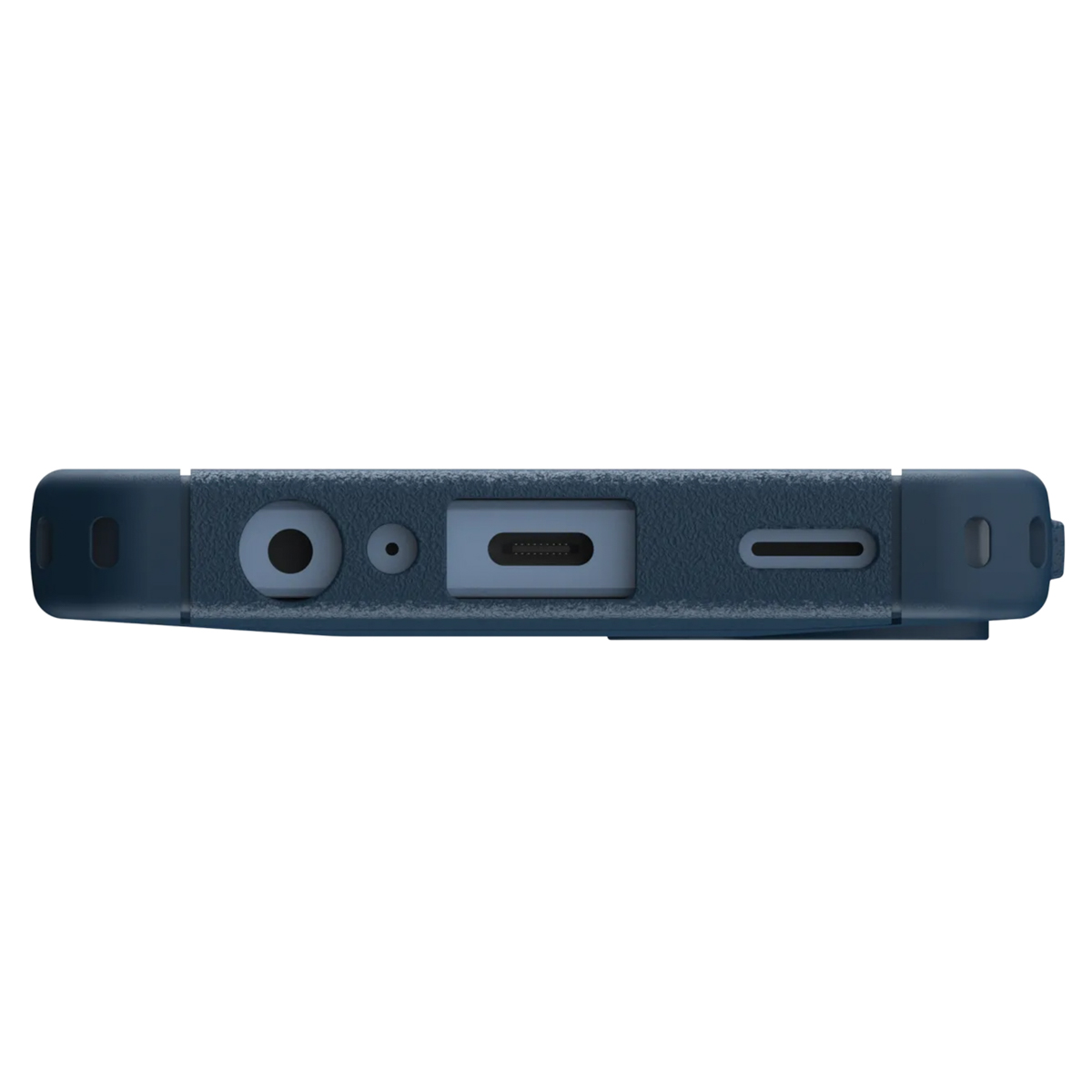 Die Unterseite einer blauen Smartphone-Hülle zeigt Anschlüsse für Kopfhörer, USB-C und Lautsprecher.