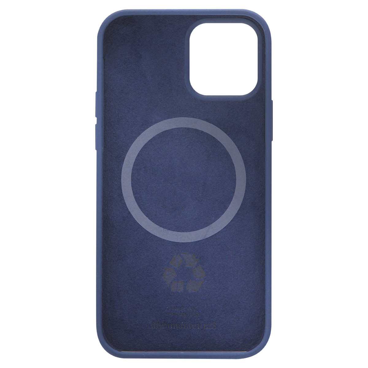 Blaue Handyhülle mit MagSafe-Ring und Recycling-Symbol.
