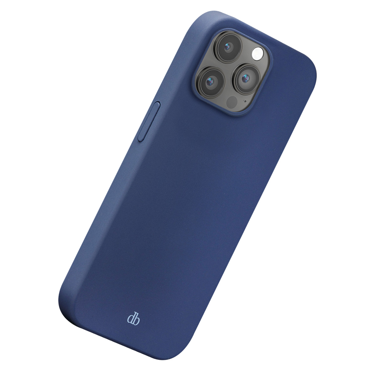 Eine dunkelblaue Handyhülle mit Drei-Kamera-Aussparung und kleinem db-Logo auf weißem Hintergrund.