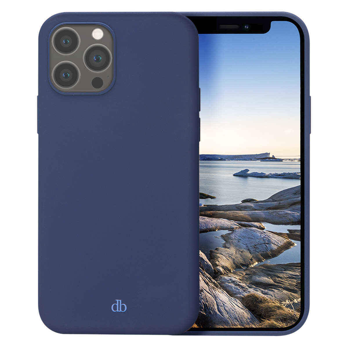 Dunkelblaue Smartphone-Hülle und das Telefon mit einer felsigen Küstenlandschaft mit ruhigem Wasser auf dem Bildschirm.