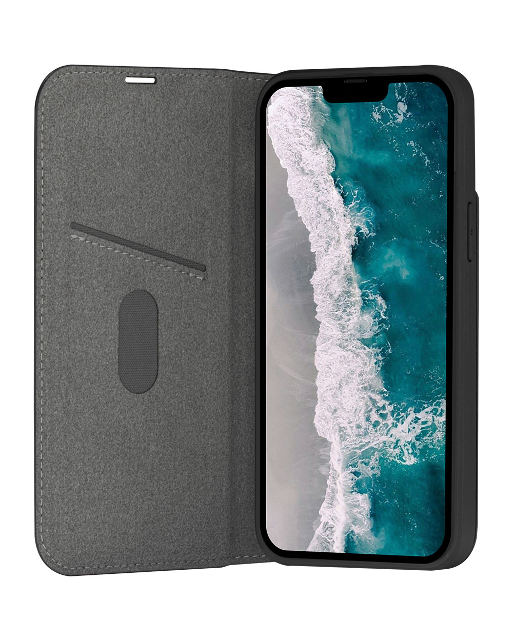 Uno smartphone in custodia grigia mostra onde oceaniche su una spiaggia.