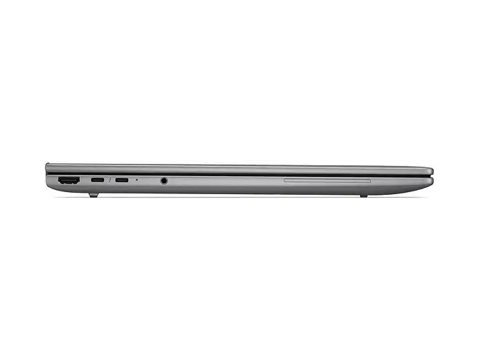 Vista laterale di un laptop grigio chiuso che mostra le porte su sfondo nero.