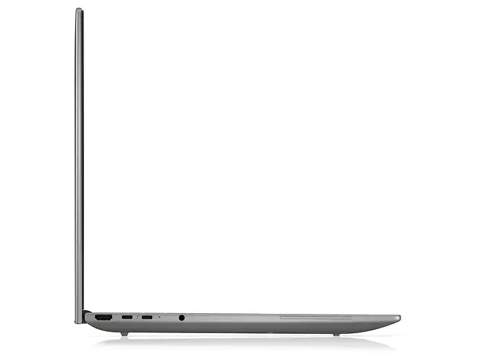 Vista laterale di un laptop argentato chiuso con porte visibili su uno sfondo bianco.