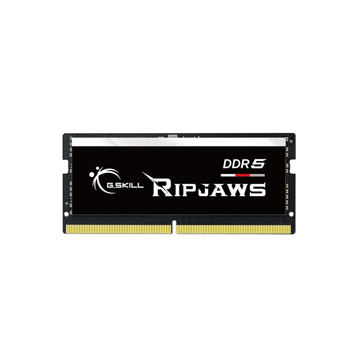 Czarna kość pamięci RAM G.SKILL Ripjaws DDR5 SO-DIMM na białym tle.