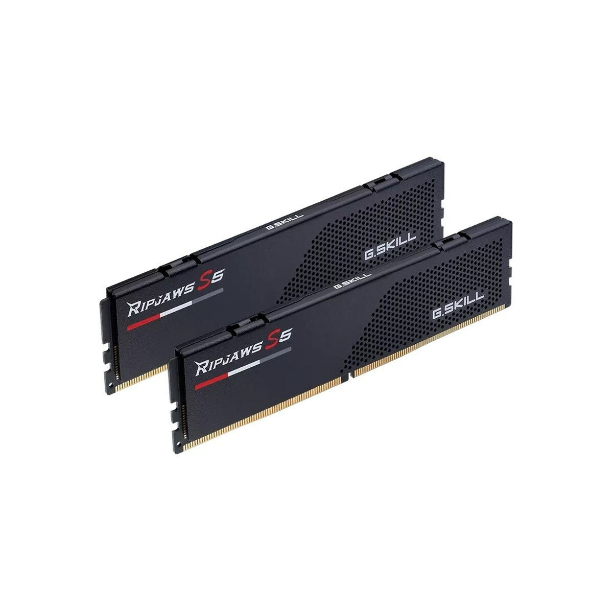 Dwie czarne kości pamięci RAM DDR5 G.Skill Ripjaws S5 ze złotymi stykami na białym tle.