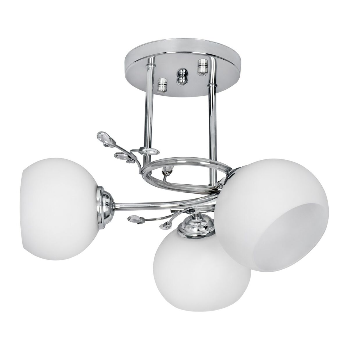 Moderna plafoniera in cromo con tre paralumi rotondi in vetro bianco ed elementi decorativi in cristallo.