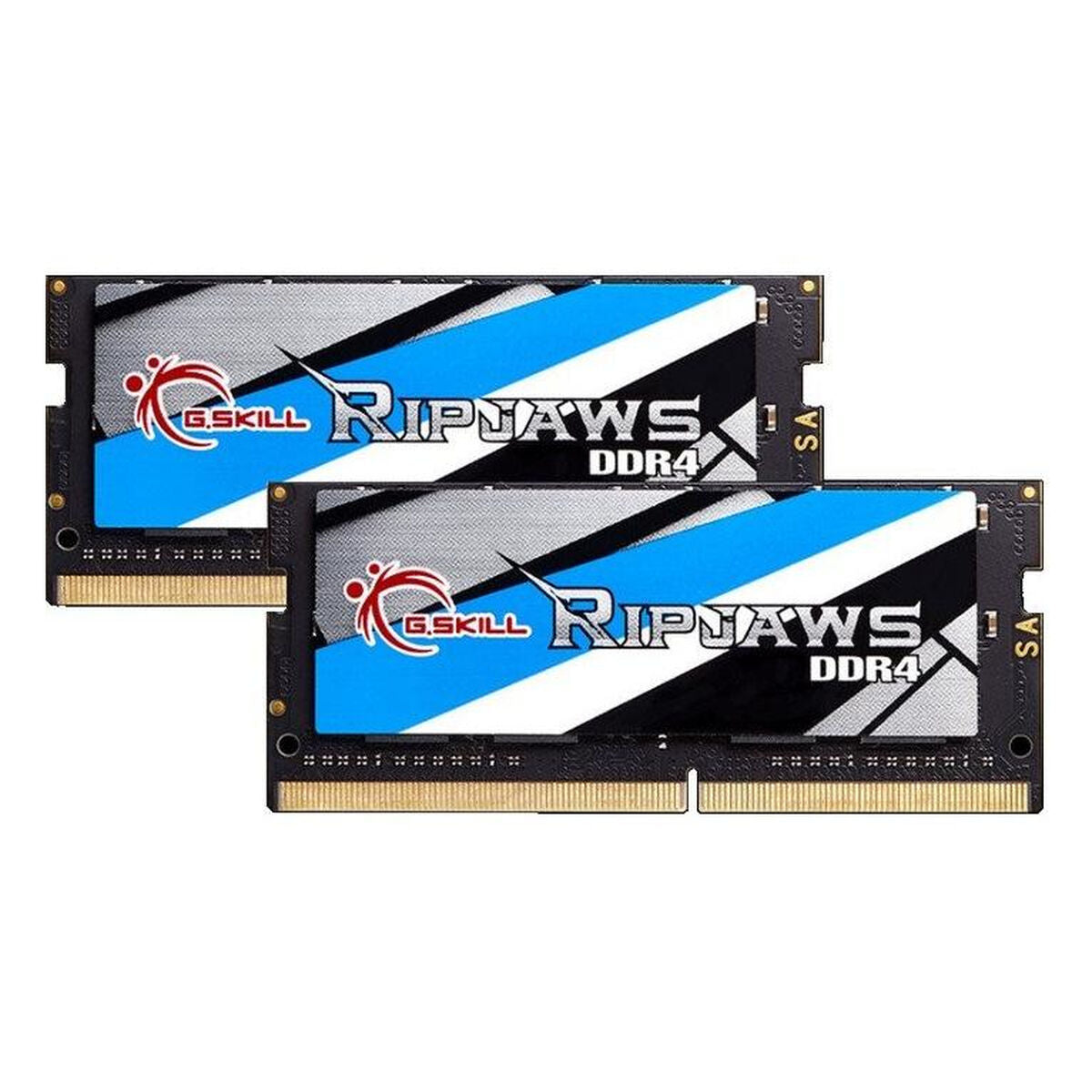 Two G.SKILL Ripjaws DDR4 SO-DIMM RAM sticks featuring a black, blue, and white label against a white background.