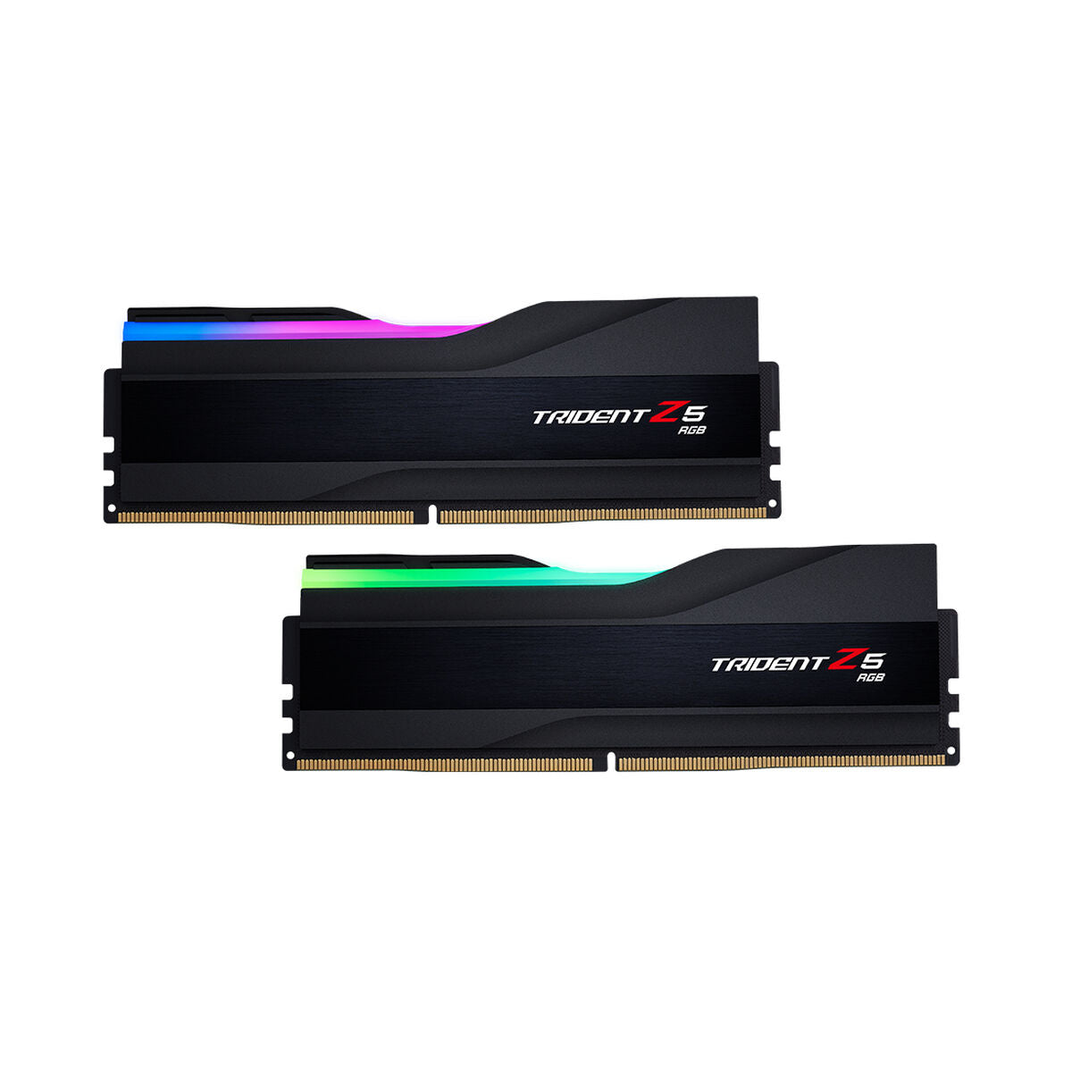 Dwa czarne moduły RAM Trident Z5 RGB z kolorowym podświetleniem na białym tle.