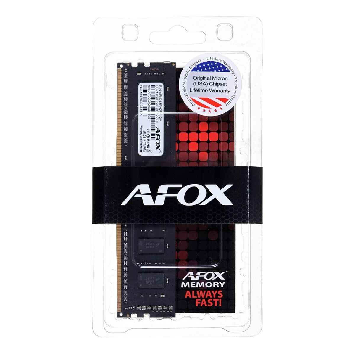 Kość RAM DDR4 A-FOX w przezroczystym plastikowym opakowaniu, z czerwonym tłem i pieczęcią gwarancyjną.