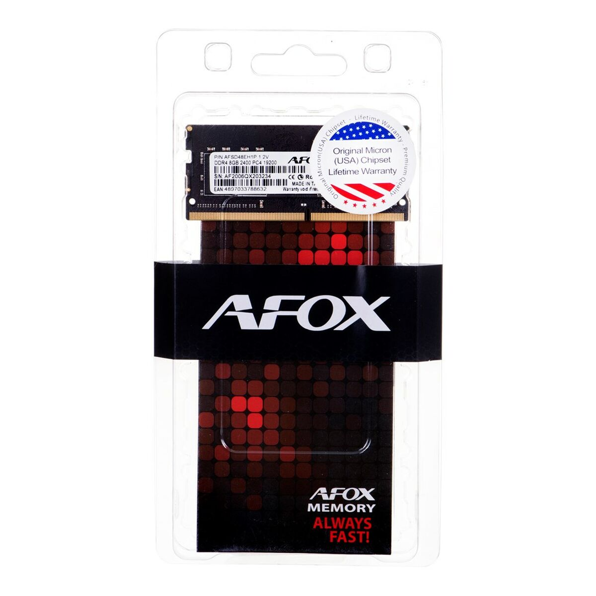 Un modulo RAM AFOX DDR4 da 8 GB nella sua confezione di plastica trasparente sigillata.