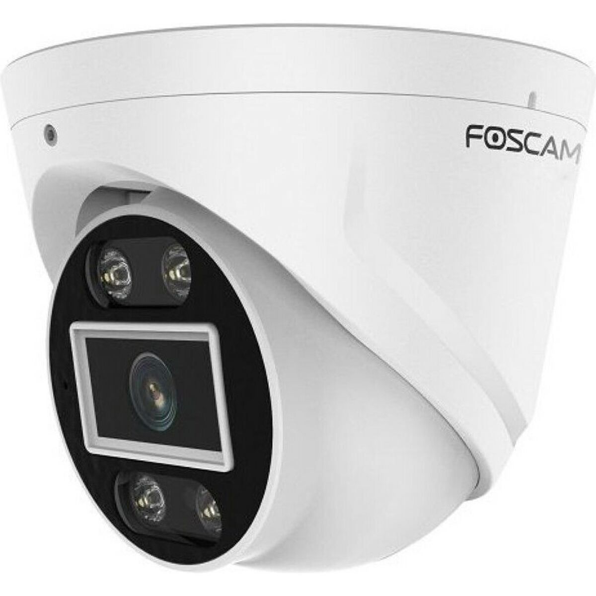 A white Foscam dome security camera with a black lens and two LED lights against a white background.