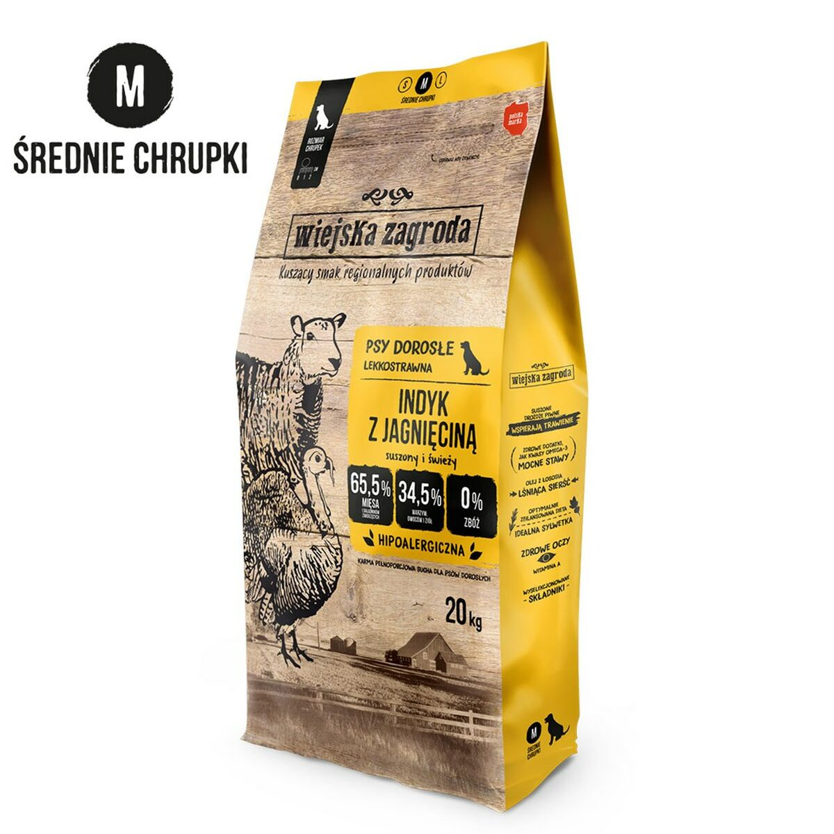 Bolsa amarilla de 20 kg de comida para perros Wiejska Zagroda con pavo y cordero, diseño rústico y cabra.
