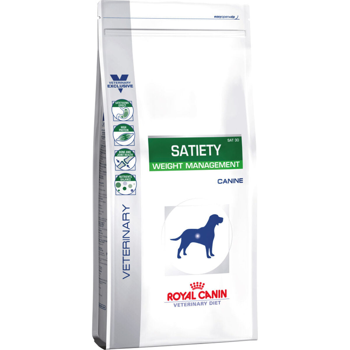 Bolsa blanca de pienso Royal Canin Satiety Weight Management para perros con silueta azul.