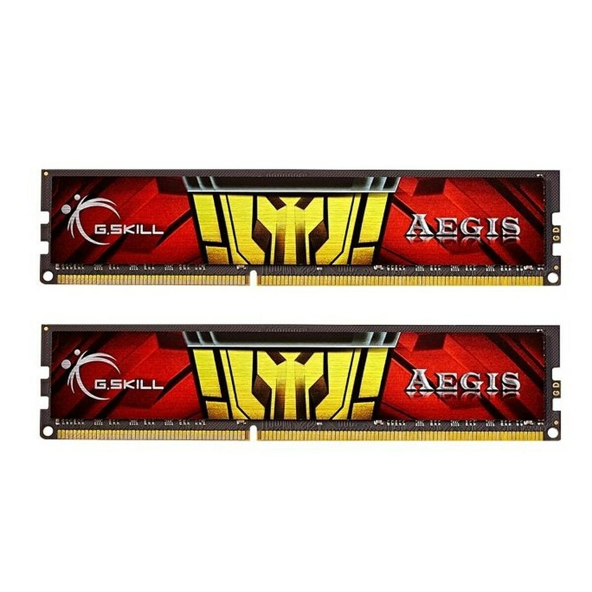 Dwa moduły RAM DDR4 G.Skill Aegis w czerwono-czarnym designie ze złotą tarczą na białym tle.