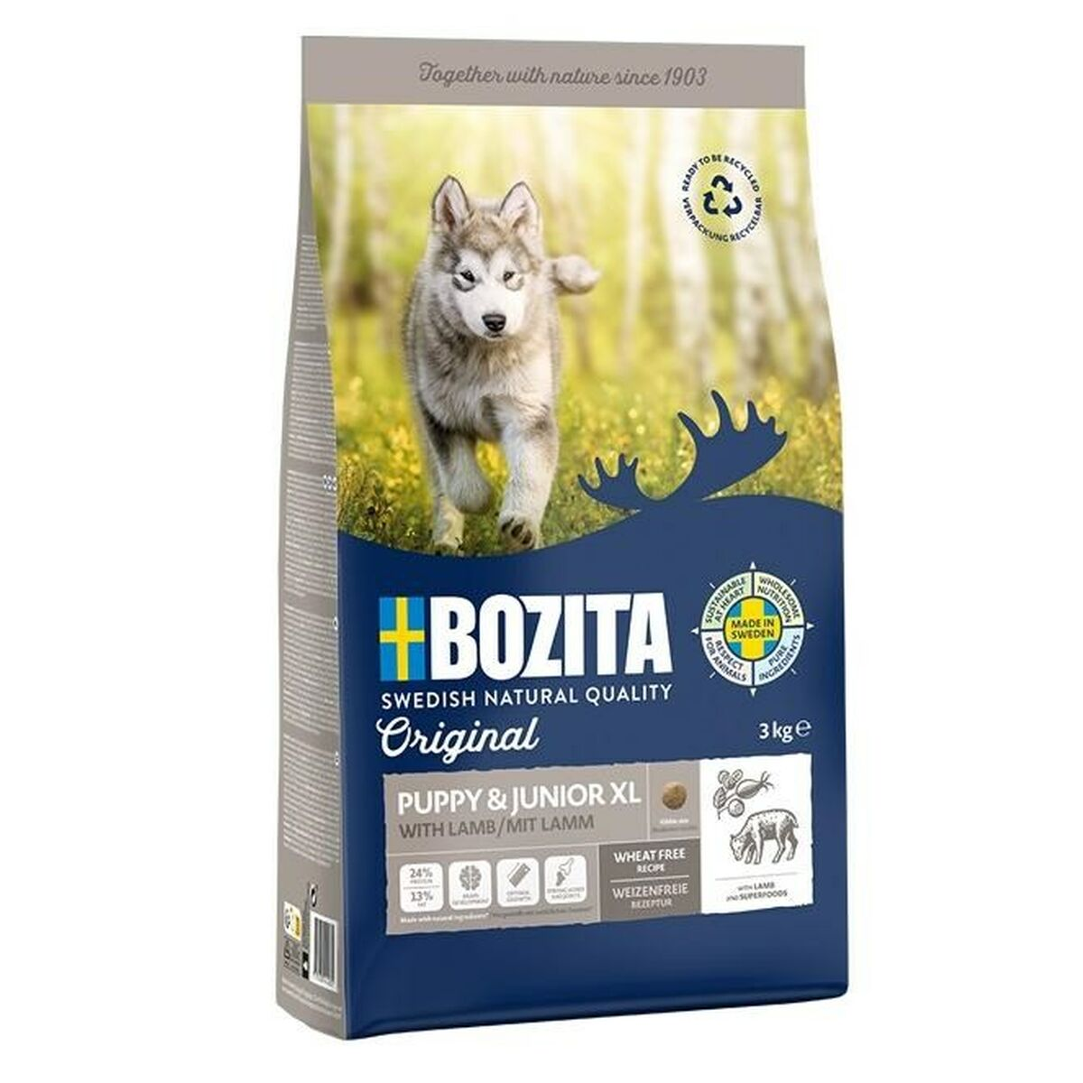 Worek karmy Bozita z szczeniakiem husky na łonie natury, szwedzka jakość, smak jagnięciny.