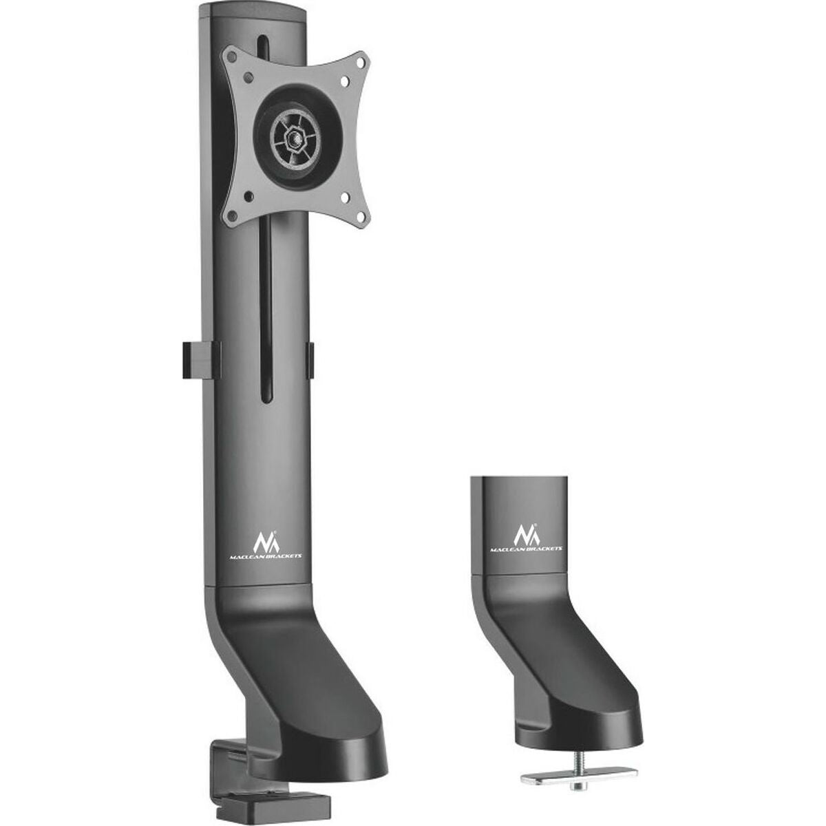 A black desk monitor mount with an adjustable arm and a VESA plate, alongside a separate clamp base.
