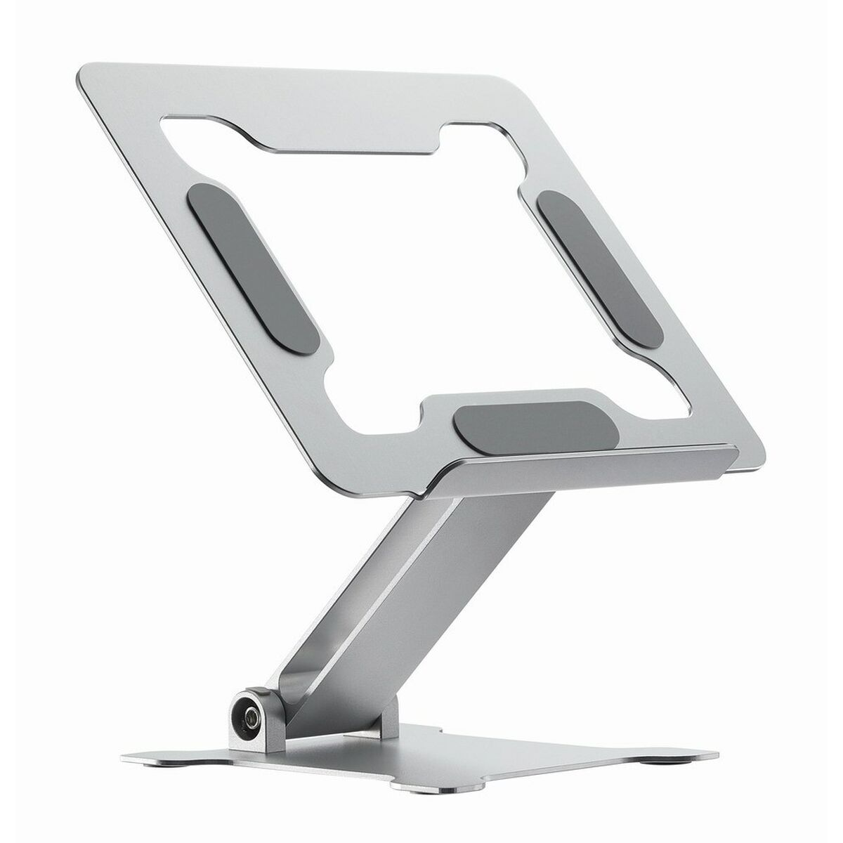 A silver laptop stand with an adjustable arm, grey rubber pads, and a stable base plate against a white background.