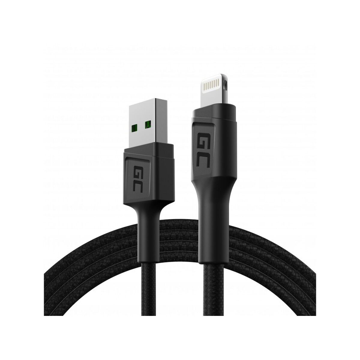 Un cable de carga negro de USB-A a Lightning con logotipo integrado.