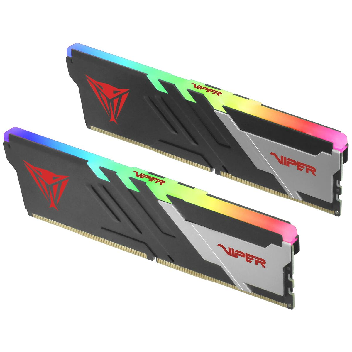 Dwie czarno-srebrne kości pamięci RAM Viper z podświetleniami RGB, na białym tle.
