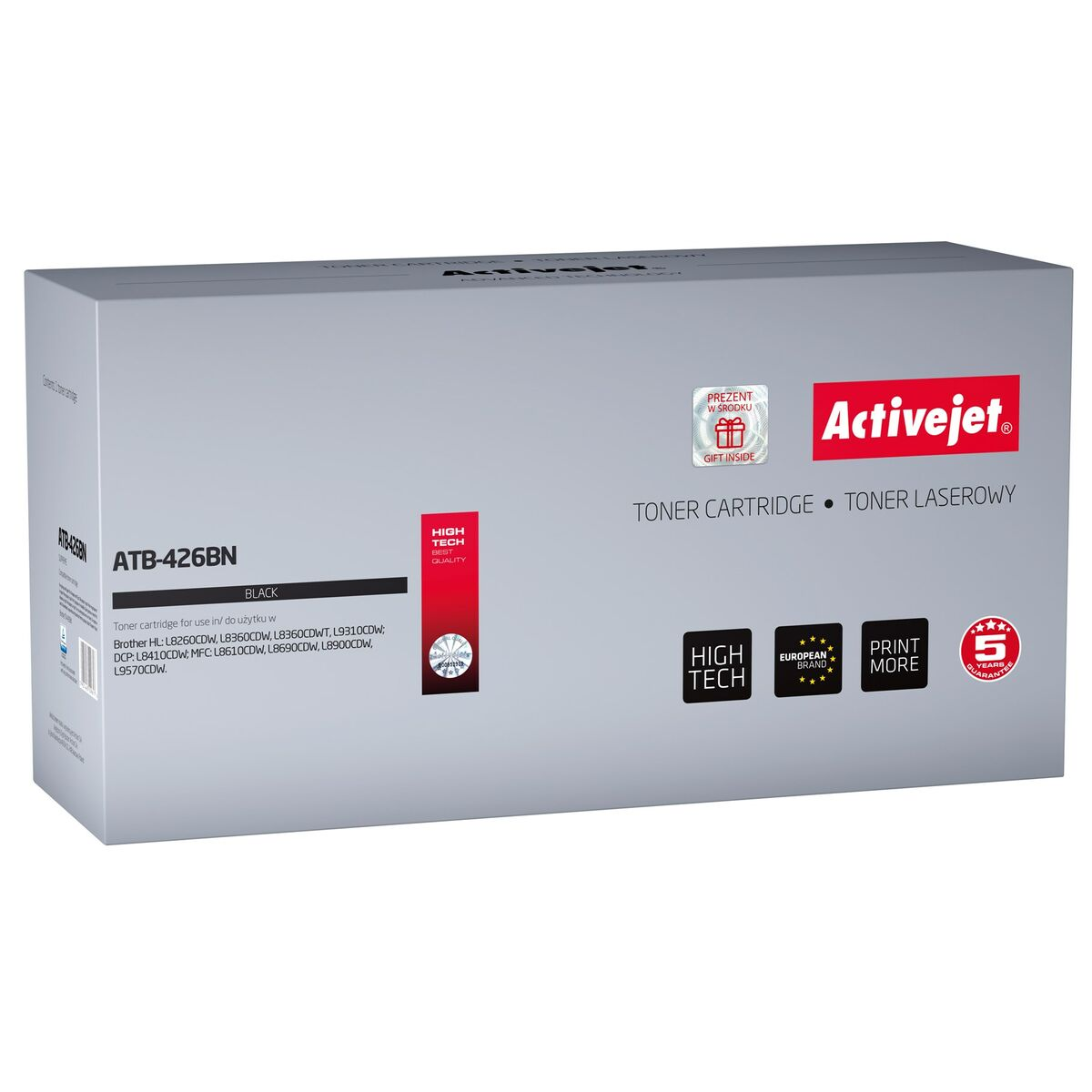 Srebrne pudełko tonera laserowego Activejet ATB-426BN z czerwonym logo, ikonami high-tech i 5-letniej gwarancji.