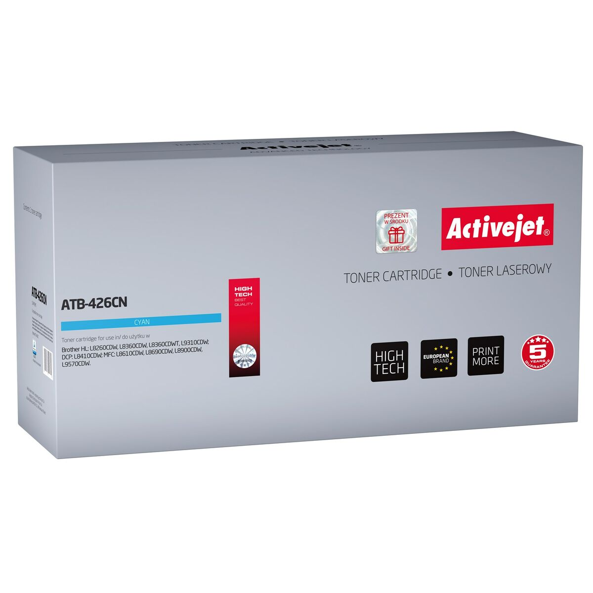 Pudełko z tonerem cyan Activejet model ATB-426CN, z brandingiem i ikoną 5-letniej gwarancji na białym tle.