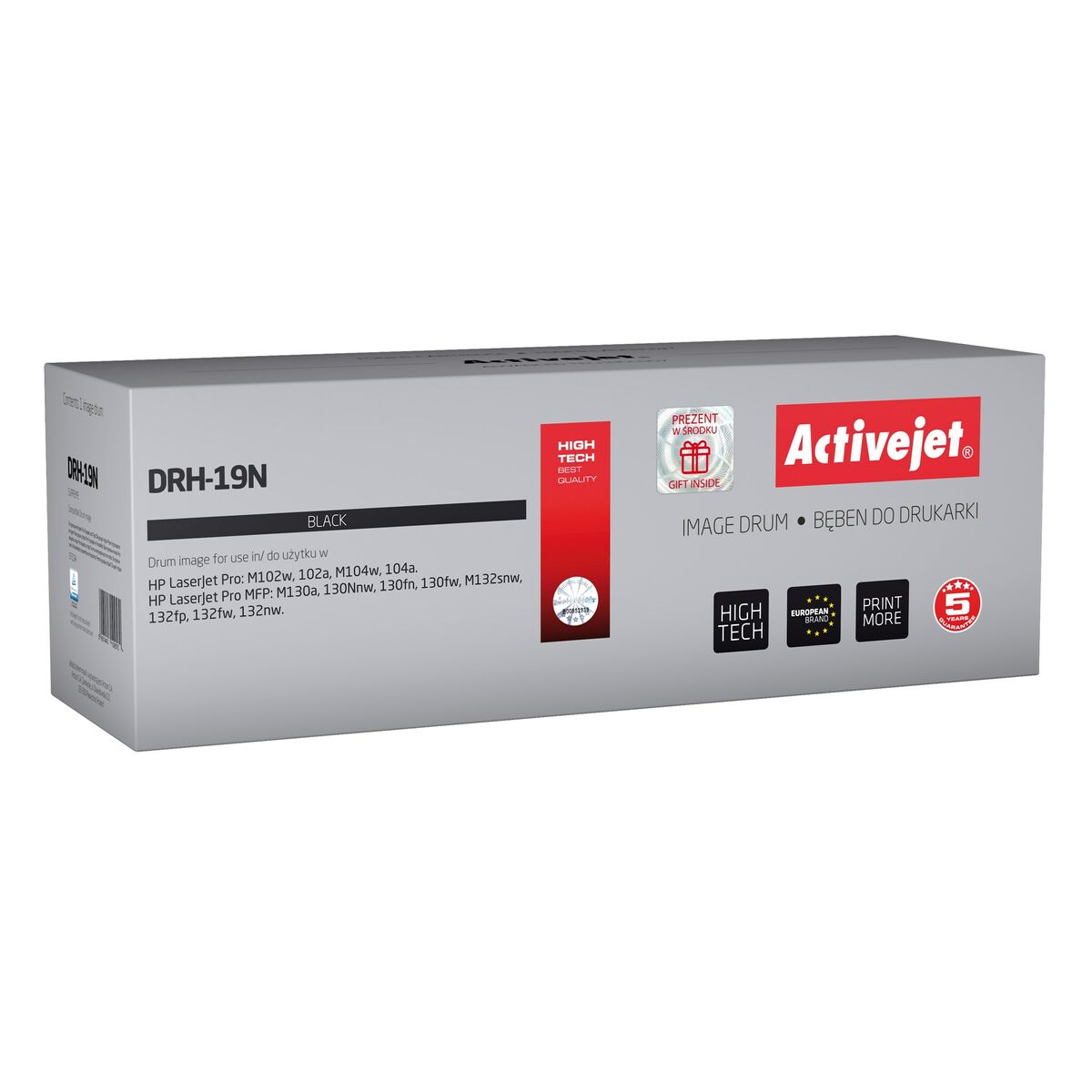 Szare pudełko bębna Activejet DRH-19N z czerwonym logo i ikonami.